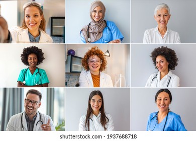 Set Of Happy Male And Female Doctors. Medical staff around the world - ethnically diverse headshot portraits. Professional healthcare staff headshot portraits smiling and looking to camera.