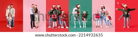 Set of happy people on color background. Happy New Year and Merry Christmas
