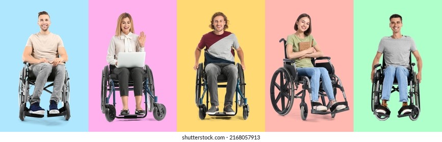 Set of happy people in wheelchair on colorful background - Powered by Shutterstock