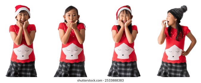 Set of Happy smiling asian little girl in wearing a red Christmas costume, standing posing, isolated on white background, clipping path - Powered by Shutterstock