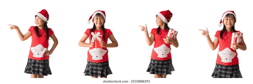 Set of Happy smiling asian little girl in wearing a red Christmas costume, standing posing, isolated on white background, clipping path - Powered by Shutterstock