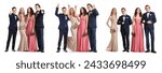 Set of happy young couples dressed for prom on white background