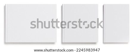 Set of hardcover wide, square and narrow books, isolated on white background