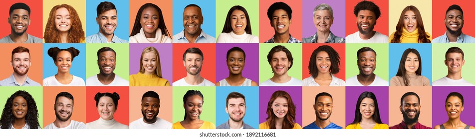 Set Of Headshots With Portraits Of Cheerful Multicultural People Posing On Different Colored Studio Backgrounds. Social Variety Concept. Females And Males Faces Collage, Panorama - Shutterstock ID 1892116681