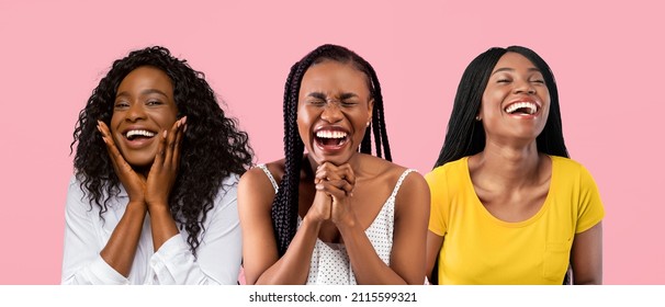 Set Of Headshots Portraits Of Excited Surprised African American Women Laughing Posing Standing Isolated Over Pink Studio Background. Three Emotional Ladies Smiling Looking At Camera, Banner Panorama