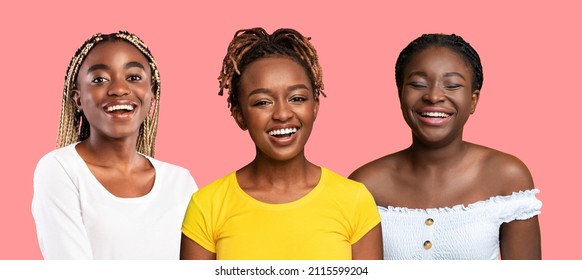 Set Of Headshots Portraits Of Happy Cheerful African American Women Laughing Posing Standing Isolated Over Pink Studio Background. Three Excited Ladies Smiling Looking At Camera, Banner Panorama