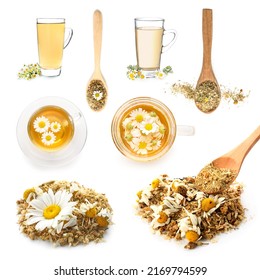 Set Of Healthy Chamomile Tea Isolated On White 