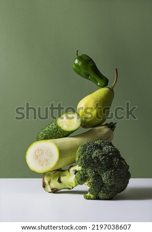 Set of healthy food, fruits and vegetables. Pepper, broccoli, cabbage, vegetable marrow, cucumber. Healthy eating, dieting. Vitamins. Concept of grocery, nutrition, taste, health. Colorful image