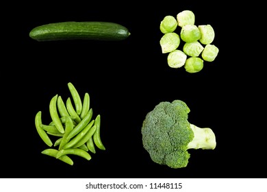 A Set Of Healthy Green Vegtables Against A White Background