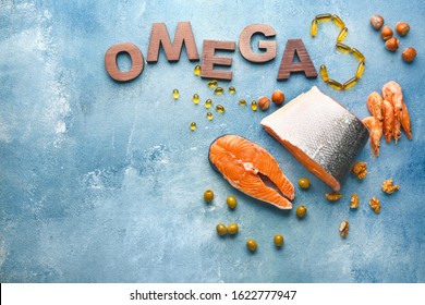 Set Of Healthy Products With High Omega 3 And Fish Oil Pills On Color Background