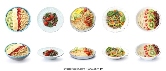 Set Of Healthy Quinoa Dishes Isolated On White