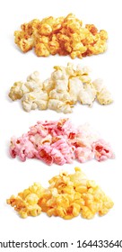 Set Of Heaps With Different Popcorn Flavors (cherry, Caramel, Salted, Cheese Or Bacon Tastes), Close Up, Isolated On White Background With Clipping Path. Ready-to-eat Snacks For A Movie Wathcing. 