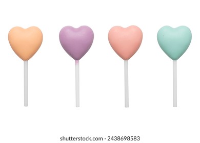 Conjunto de paleta de chocolate en forma de corazón color pastel aislado sobre fondo blanco