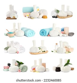 Set with herbal massage bags and different spa supplies on white background - Shutterstock ID 2232460085