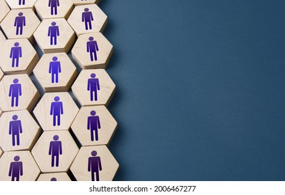 Set of hexagonal figures of people. Formation of company personnel, staffing. Hiring new employees and recruiting staff. Unity. Team discipline, teamwork cooperation. Personnel management