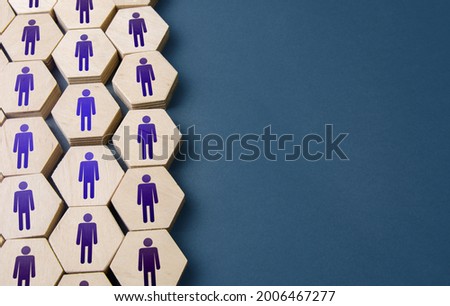 Set of hexagonal figures of people. Formation of company personnel, staffing. Hiring new employees and recruiting staff. Unity. Team discipline, teamwork cooperation. Personnel management