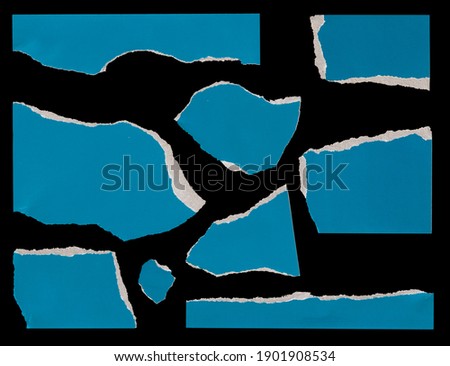 Set of High Quality Torn Ripped Paper Cardboard Edges Pieces Isolated on Black. Rough Grunge Elements for Collage.
