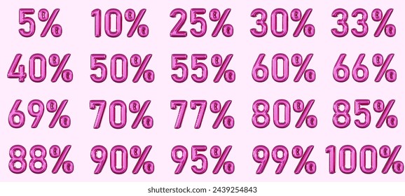 Set of high resolution pink balloons with percentages from five to hundred