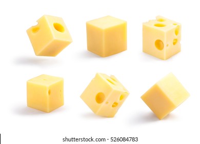 Set of holey, plain, steady and tippy cheese cubes. Clipping path for each cube, shadows separated - Shutterstock ID 526084783