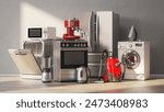 Set of home kitchen appliances in the room with sun light. 3d illustration