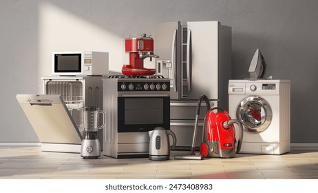 Set of home kitchen appliances in the room with sun light. 3d illustration