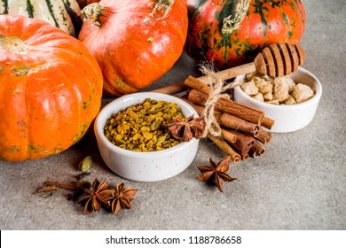 Set Of Homemade Pumpkin Spice, Various Ingredients For Pumpkin Pie, Cookies And Coffee Latte