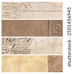 Set of horizontal banners with ancient Egyptian hieroglyphs on stone wall, Egypt, Africa.  Background with sandstone carving with hieroglyph. Mock up template. Copy space for text