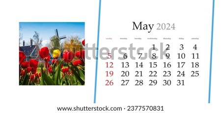 Set of horizontal flip calendars with amazing landscapes in minimal style. May 2024. Famous Dutch windmills and authentic holland buildings. View through tulip flowers of Netherlands countryside.