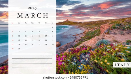 Set of horizontal flip calendars with beautiful landscapes. March 2025. Colorful morning scene of Sardinia, Italy, Europe. Fantastic sunrise on Capo San Marco Lighthouse on Del Sinis peninsula. - Powered by Shutterstock