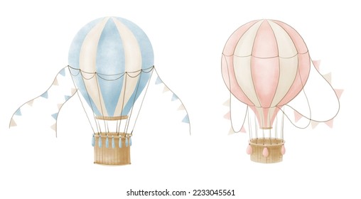 Set Hot Air Balloons in cute pastel pink   blue colors  Watercolor hand drawn illustration for baby design in cartoon style  Vintage Aircraft and pennants for children  Drawing for kid design 