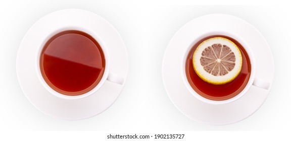 Set Hot Black Tea With Lemon Slice Isolated On White Background. Clipping Path. Full Depth Of Field.