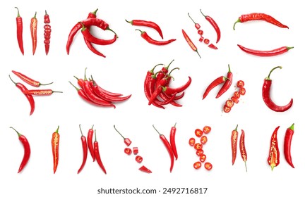 Set of hot chili pepper on white background, top view