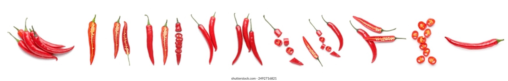 Set of hot chili pepper on white background, top view