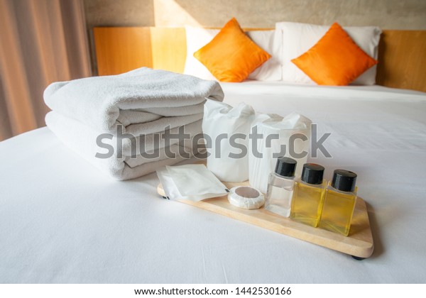 Set Hotel Amenities Such Towels Shampoo Stock Photo Edit