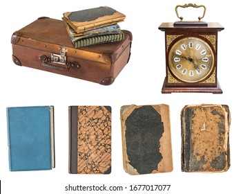 Set of a huge amount gorgeous old vintage items. Old books,desk clock, candlesticks. Isolated on white background.