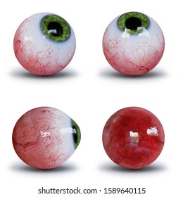 set of human eyeballs with green iris isolated with shadow on white ground (3d illustration)
