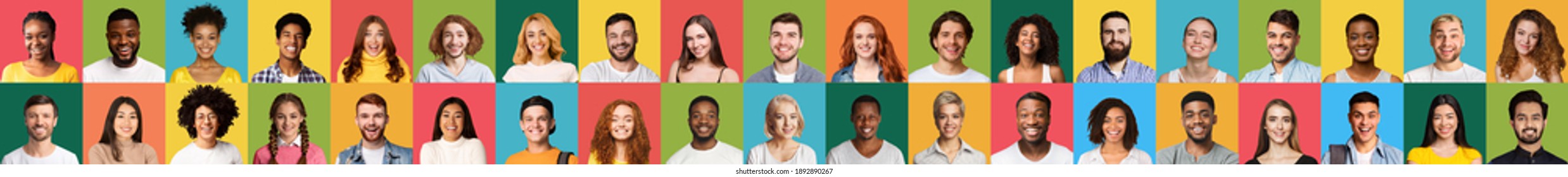Set Of Human Faces With Various Diverse People Headshots And Portraits Of Smiling Women And Men Posing On Different Bright Colorful Backgrounds. Social Variety And Diversity. Panorama, Collage