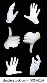 set of human hands in white gloves on a black background