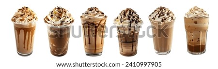 Set ice coffee and ice latte coffee with milk in tall glass isolated on white background.