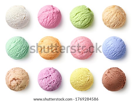 Set of ice cream scoops of different colors and flavours isolated on white background, top view