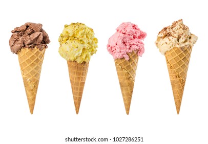 Set Of Ice Cream In Waffle Cone Isolated On White Background.