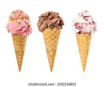 Set Of Ice Cream In Waffle Cone Isolated On White Background.