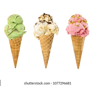 Set of ice cream in waffle cone isolated on white background.