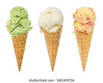 Set Of Ice Cream In Waffle Cone Isolated On White Background.