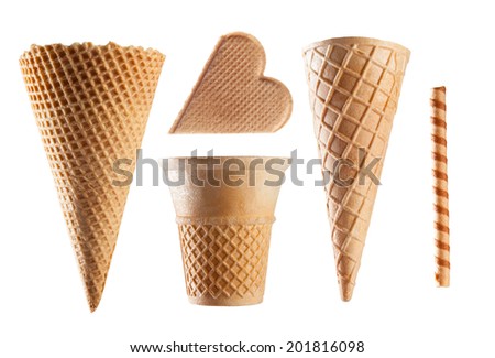 Set of ice cream waffle cones on white background