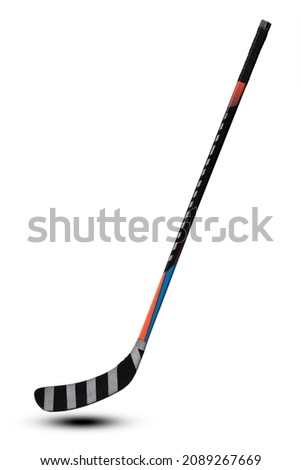 Set of Ice hockey stick Black hockey puck  in upright position with copy space isolated on white background for sports design. This has clipping path.  