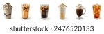 Set of iced coffee drinks. Cold Coffee set, collection. Iced espresso, frappe, cappuccino, flat white, black coffee, boba tea, mocha, coffee americano, peach iced tea. Cafe Cold drinks menu isolated. 