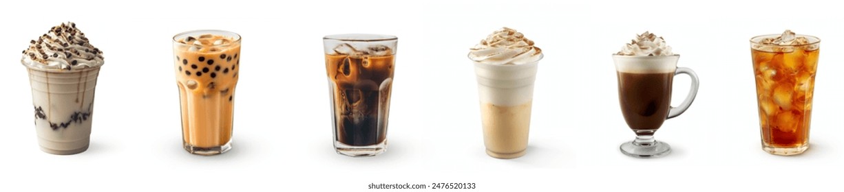 Set of iced coffee drinks. Cold Coffee set, collection. Iced espresso, frappe, cappuccino, flat white, black coffee, boba tea, mocha, coffee americano, peach iced tea. Cafe Cold drinks menu isolated. 