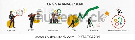 Set of icons for crisis management banner. Business strategy of identifying, assessment, understanding, coping, strategy making and recovery procedures. Concept of business, organization, awareness