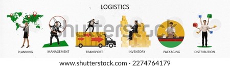 Set of icons for logistics banner. Planning, management, transportation, inventory, packaging and distribution. Concept of logistics, business, analytics, delivery and distribution service